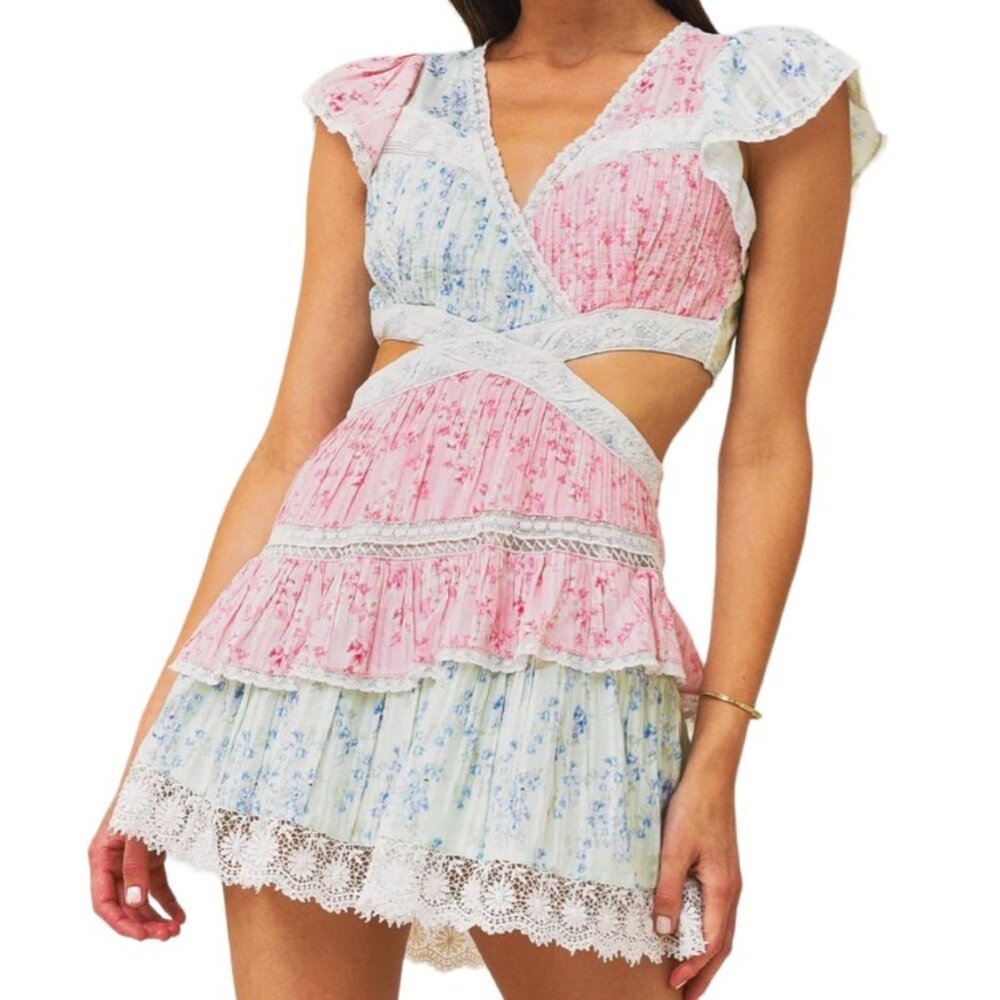 LoveShackFancy Audrina Cutout Waist Mini Dress in Blue Moon Sands Print Mix Sz M